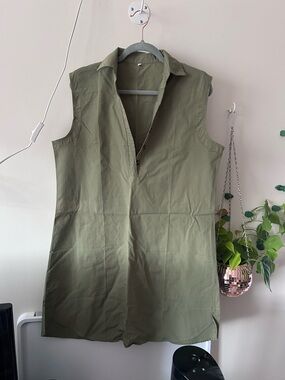 Sleeveless Olive Green Shirt Dress